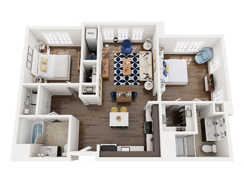 Floor plan for 2 beds, 2 baths, 1107 sqft